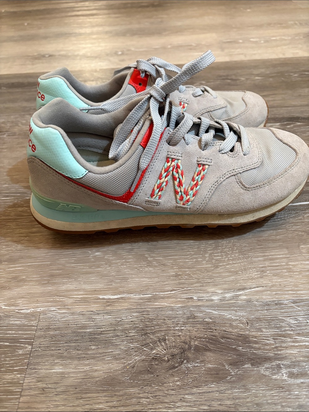 New Balance 574 Picnic Pack Sneakers Size 10 with Mint, Gray,and Coral Chevron